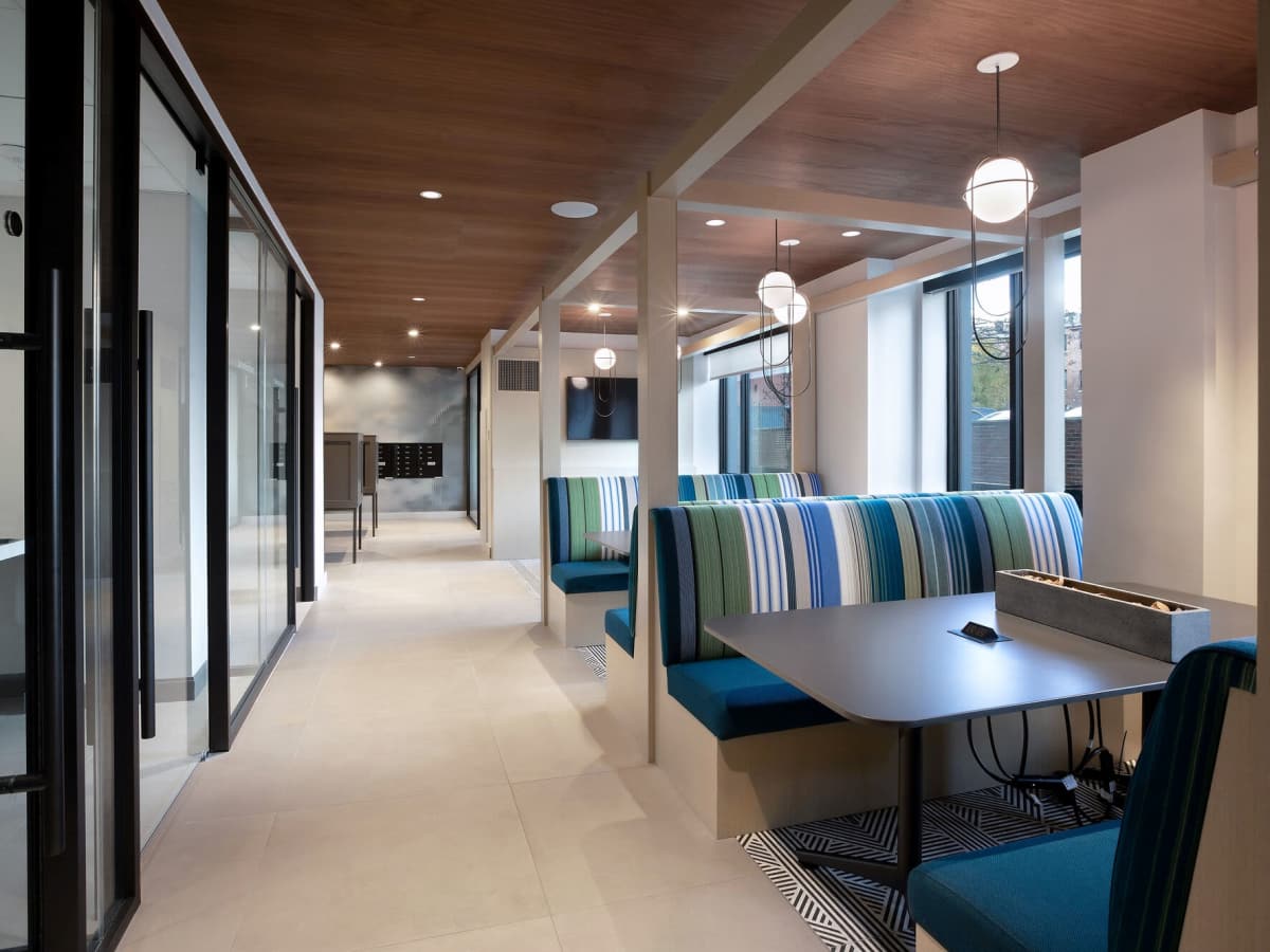 Coworking stations at J Vue at The LMA in Boston, Massachusetts