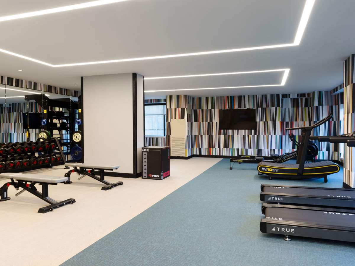 Fitness center with treadmills and weights at J Vue at The LMA in Boston, Massachusetts