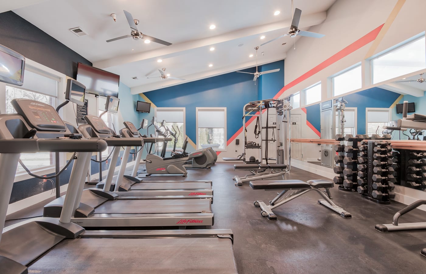 Resident fitness center at Cornerstone Apartments in Independence, Missouri. 
