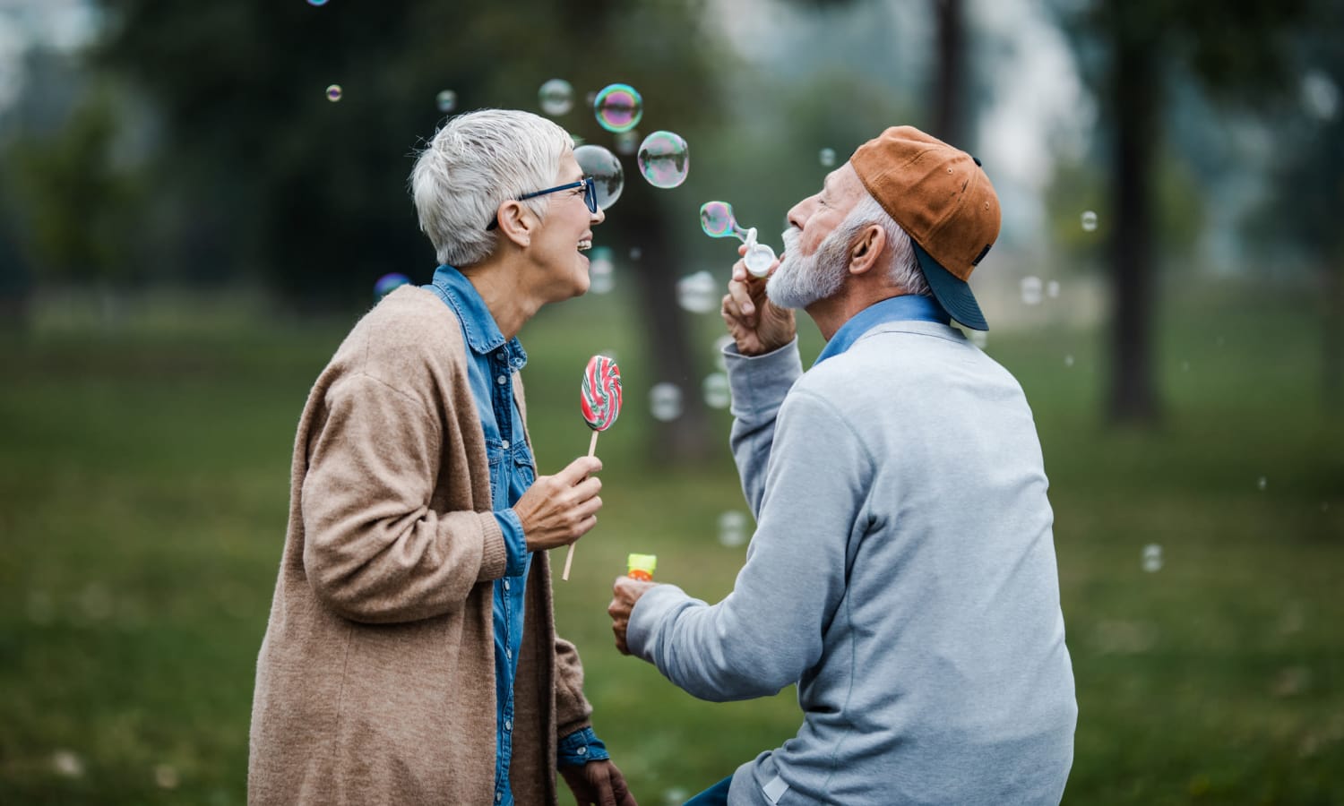 Residents blowing bubbles at Emerald Gardens in Woodburn, Oregon