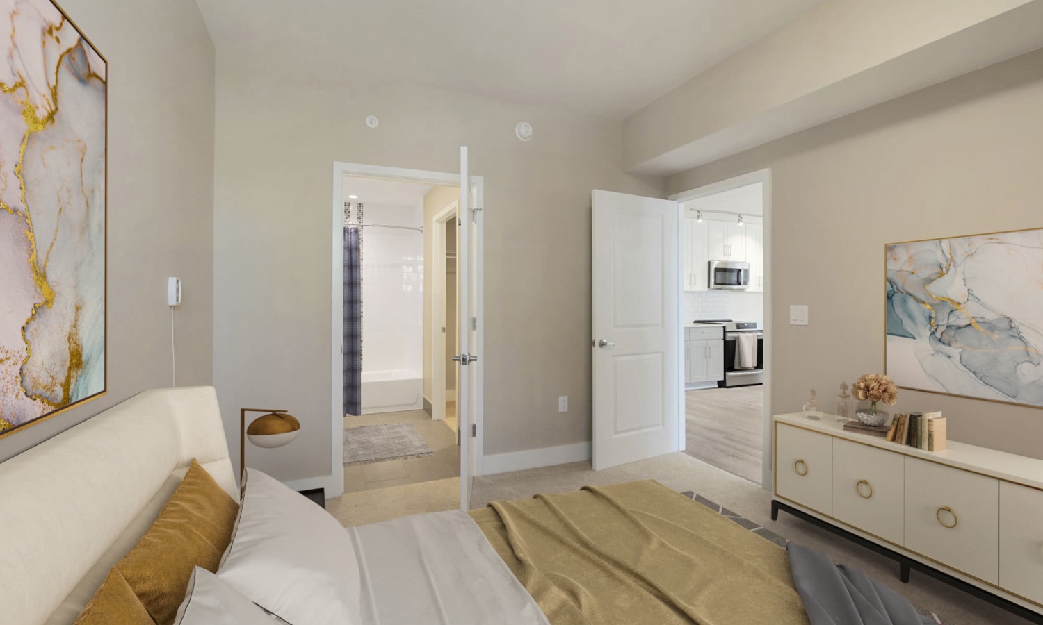 Bedroom with attached bathroom at Residences on The Lane in Rockville, Maryland