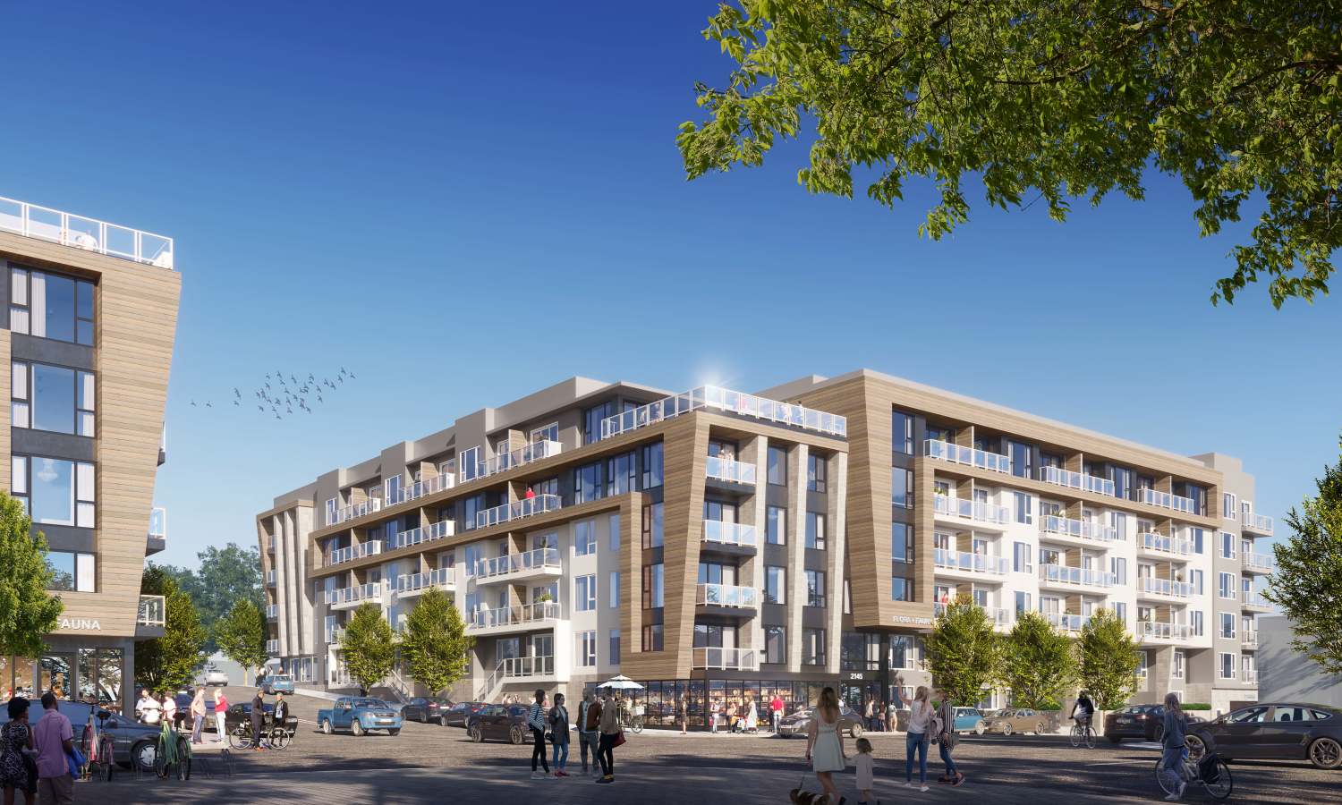 Exterior view of apartments with balconies at Flora + Fauna in San Diego, California