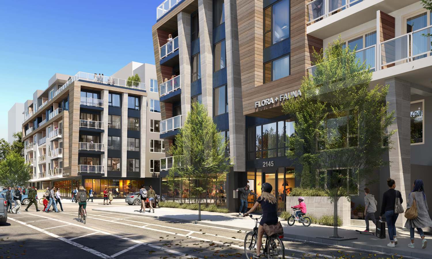 Exterior view of buildings near Flora + Fauna in San Diego, California