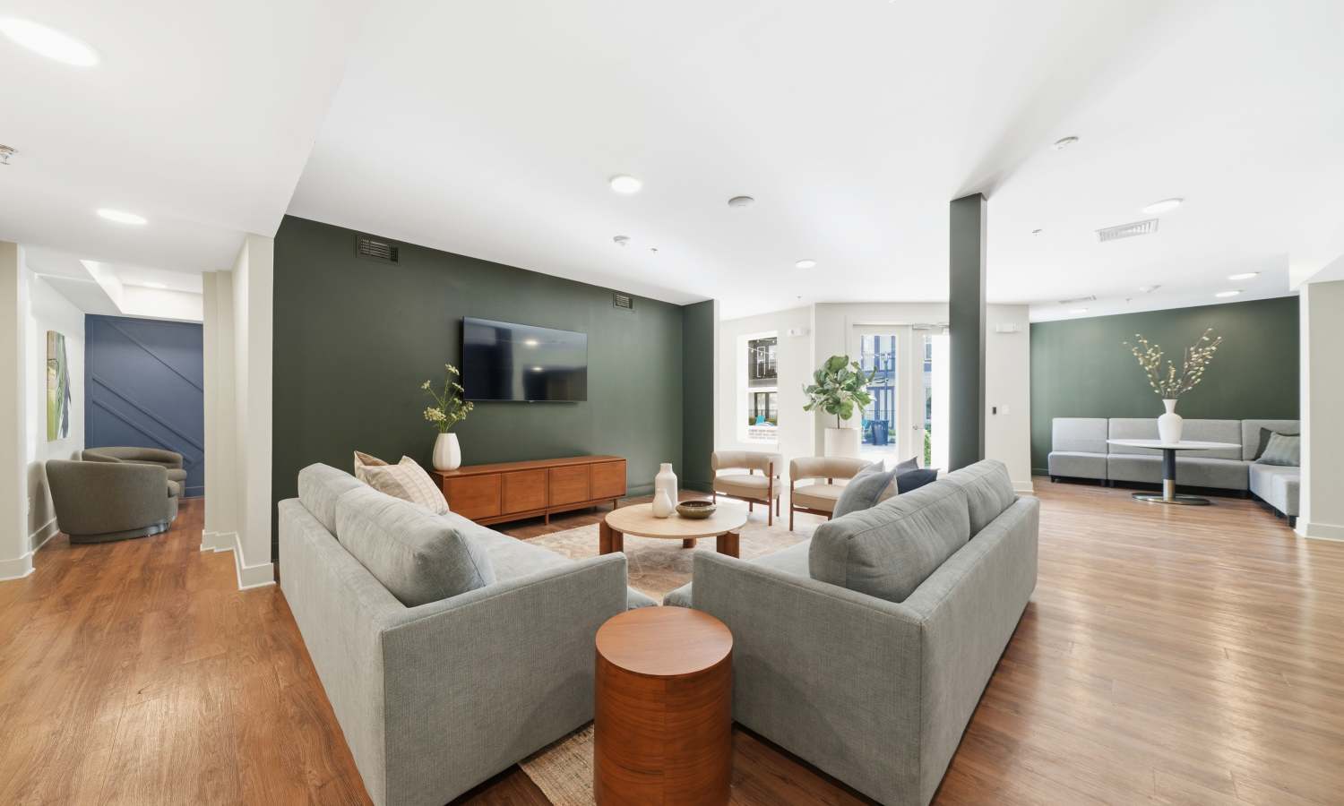 Community lounge with large sofas and a TV at The Rise at Regency in Henrico, Virginia