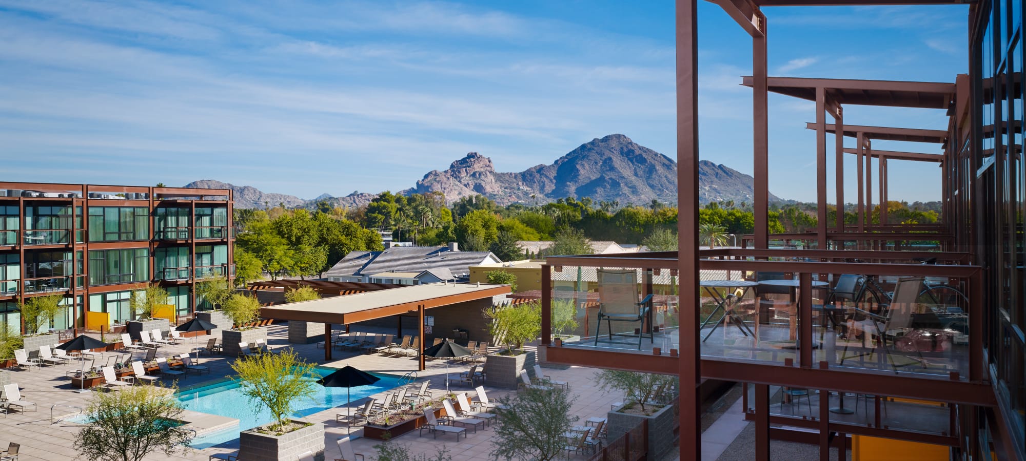 Beautiful mountain view from balcony of apartment home at Domus in Phoenix, Arizona 