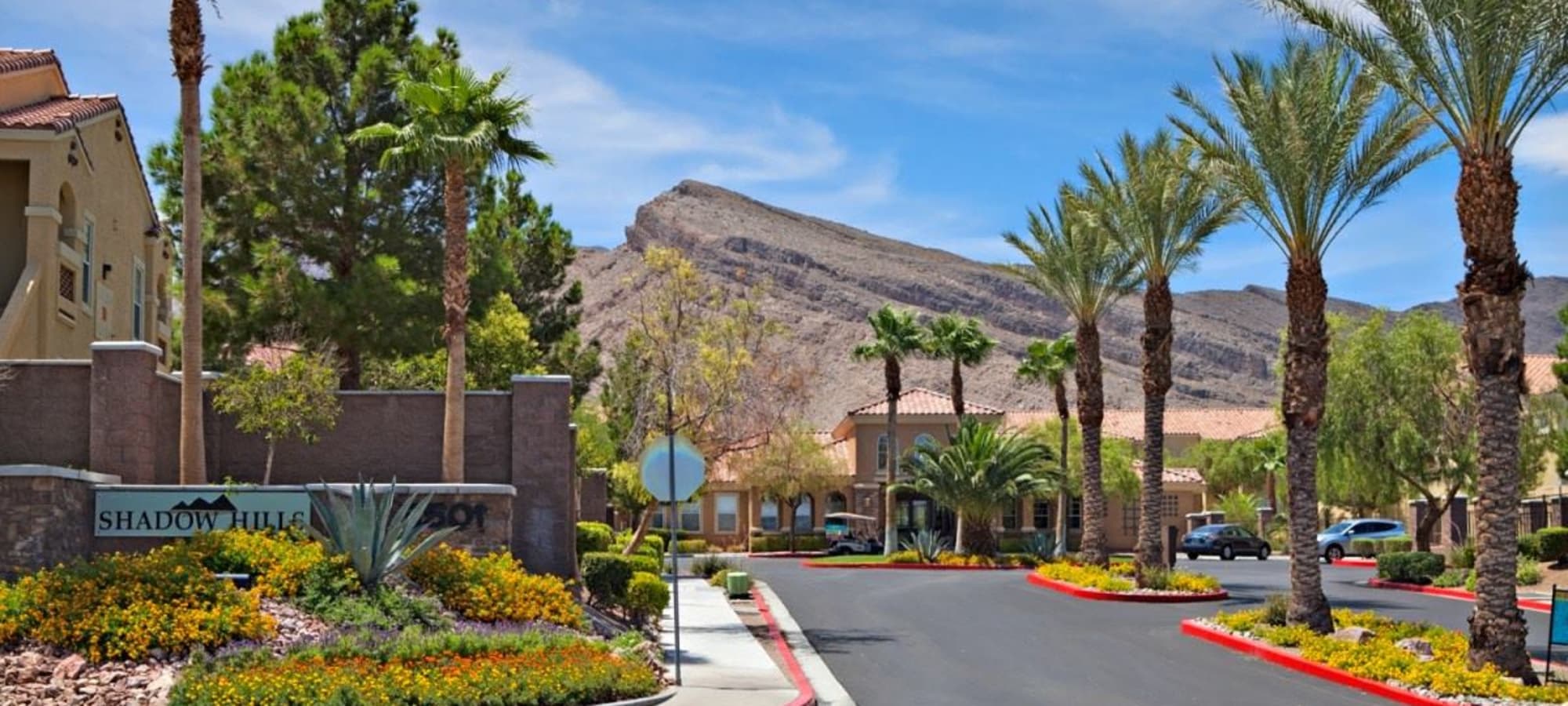 Landscaped front entrance at Shadow Hills at Lone Mountain in Las Vegas, Nevada