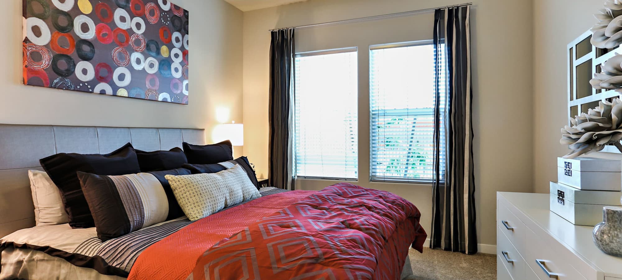 Well-decorated bedroom in model home at The Hyve in Tempe, Arizona