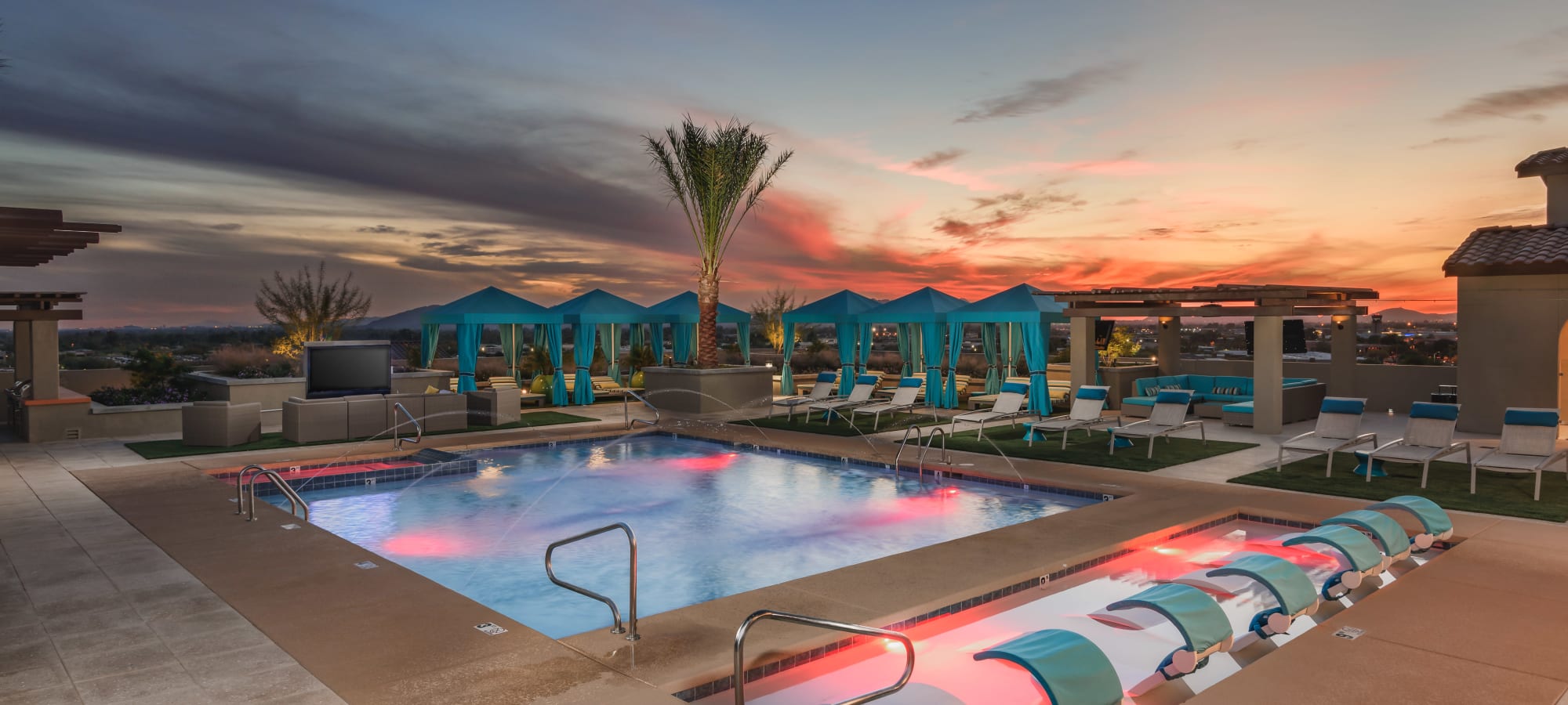 Pool area at dusk at The Core Scottsdale in Scottsdale, Arizona