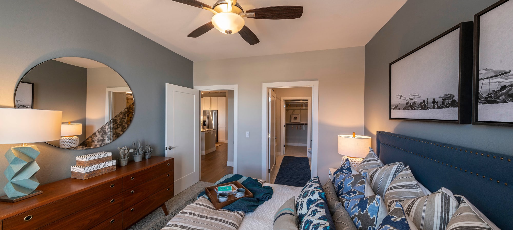 Primary  bedroom with an accent wall and a ceiling fan in a model home at Carter in Scottsdale, Arizona