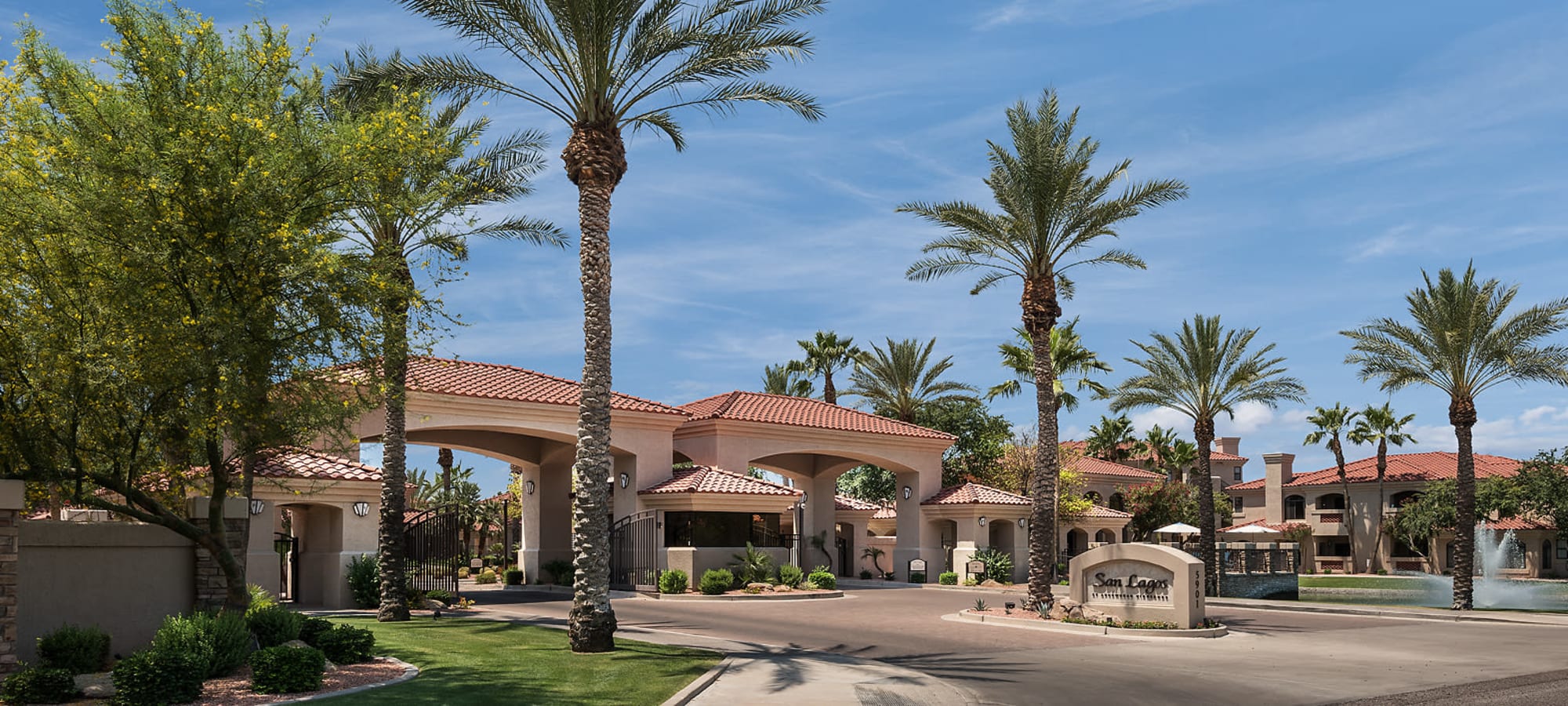 Front entryway to community at San Lagos in Glendale, Arizona