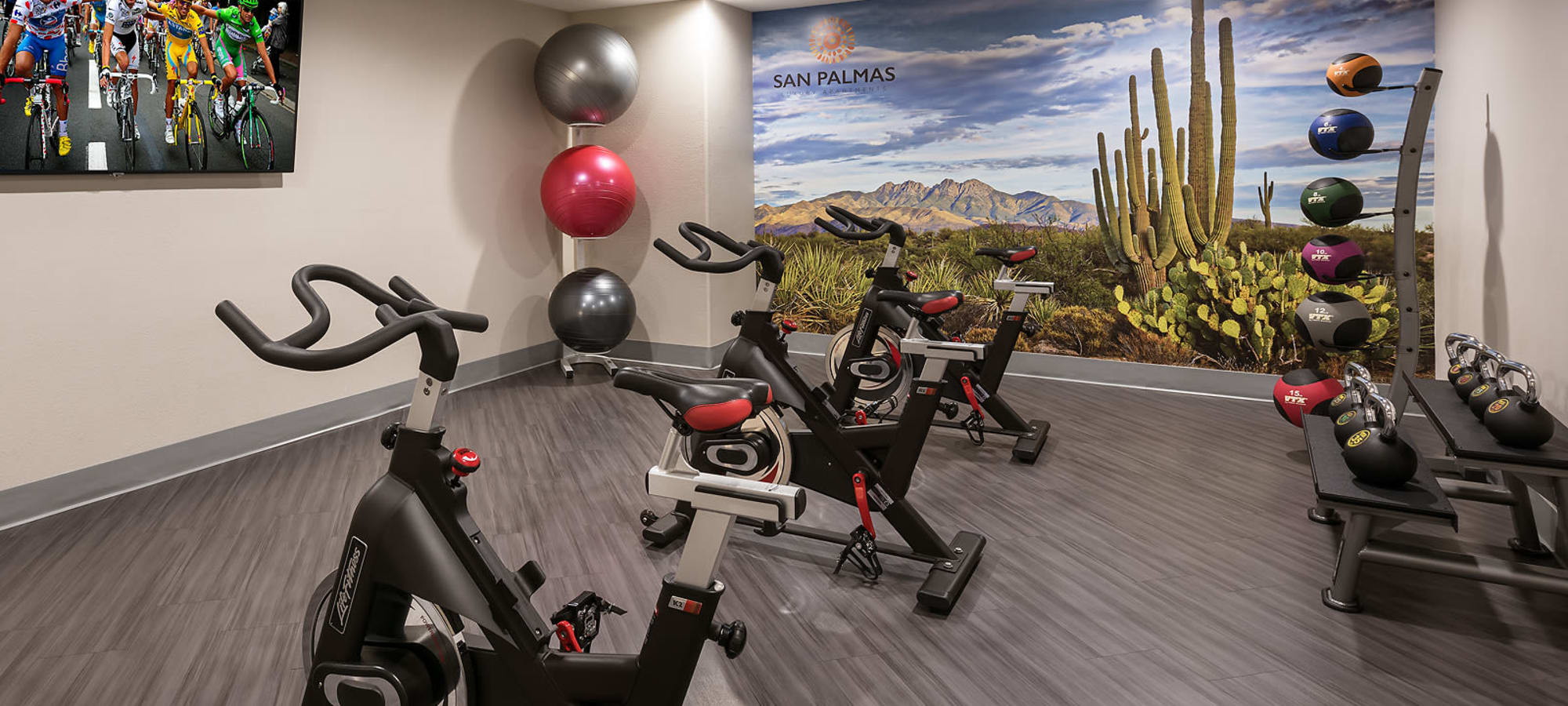 Spin room with bikes at San Palmas in Chandler, Arizona