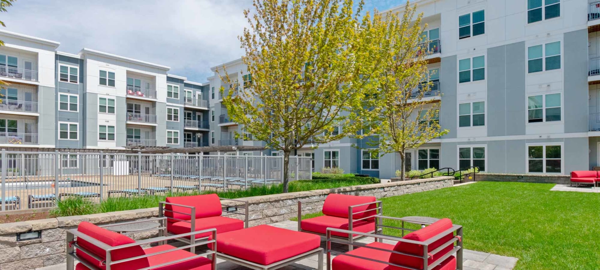 Outdoor seating at Riverbend on the Charles in Watertown, Massachusetts