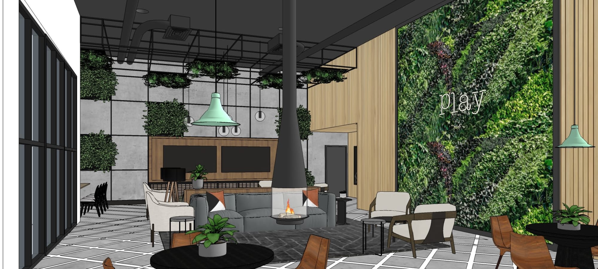 Rendering of resident clubhouse with a fireplace and living wall at Banyan on Washington in Phoenix, Arizona