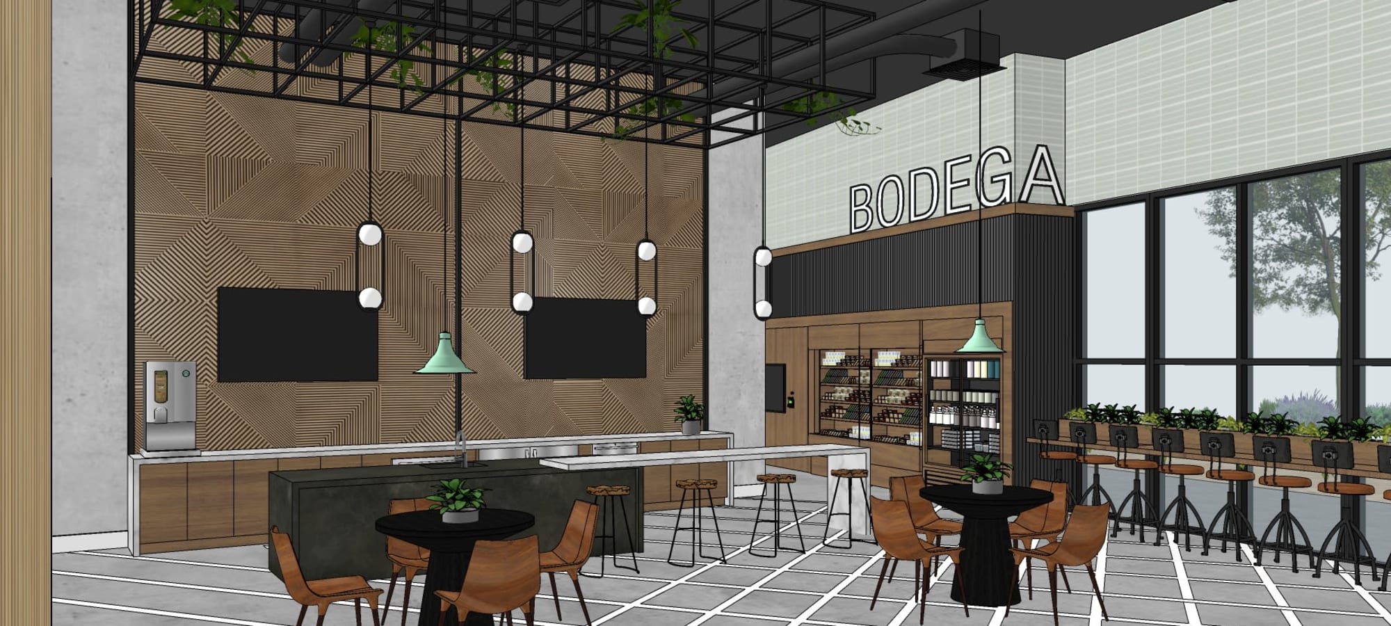 Rendering of the resident clubhouse with a bodega, tables, and bar seating at Banyan on Washington in Phoenix, Arizona