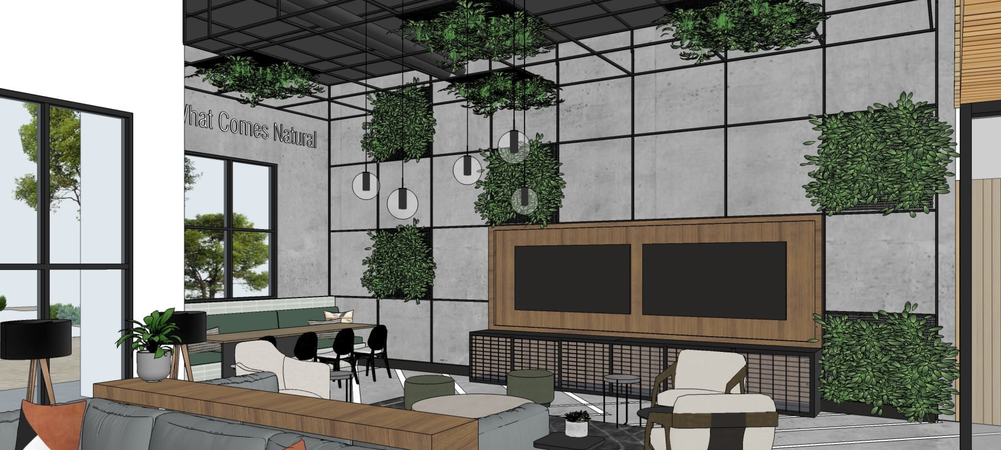Rendering of modern clubhouse with a variety of seating options to work from home at Banyan on Washington in Phoenix, Arizona