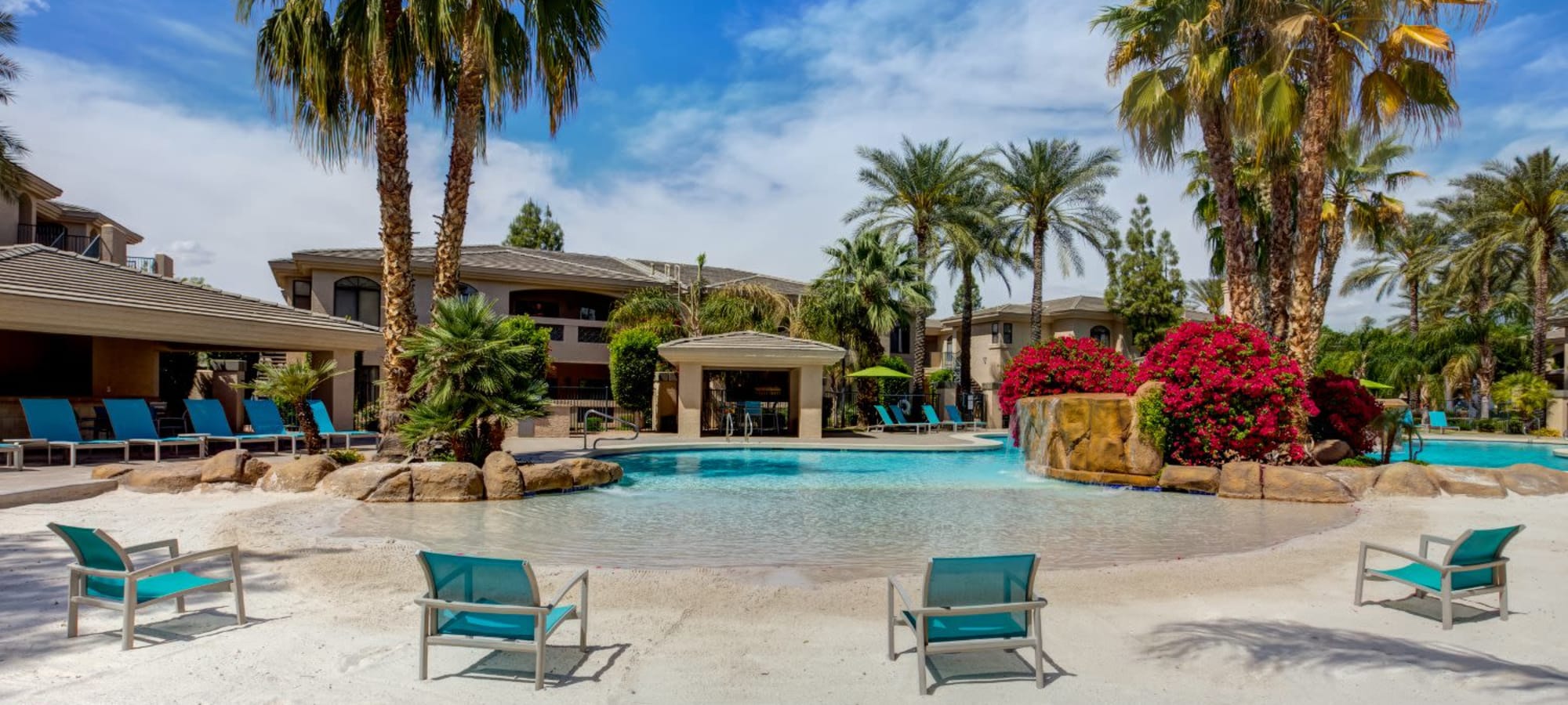 Tons of lounge chairs to relax and sun bathe on a sunny day at Ascend at Kierland in Scottsdale, Arizona