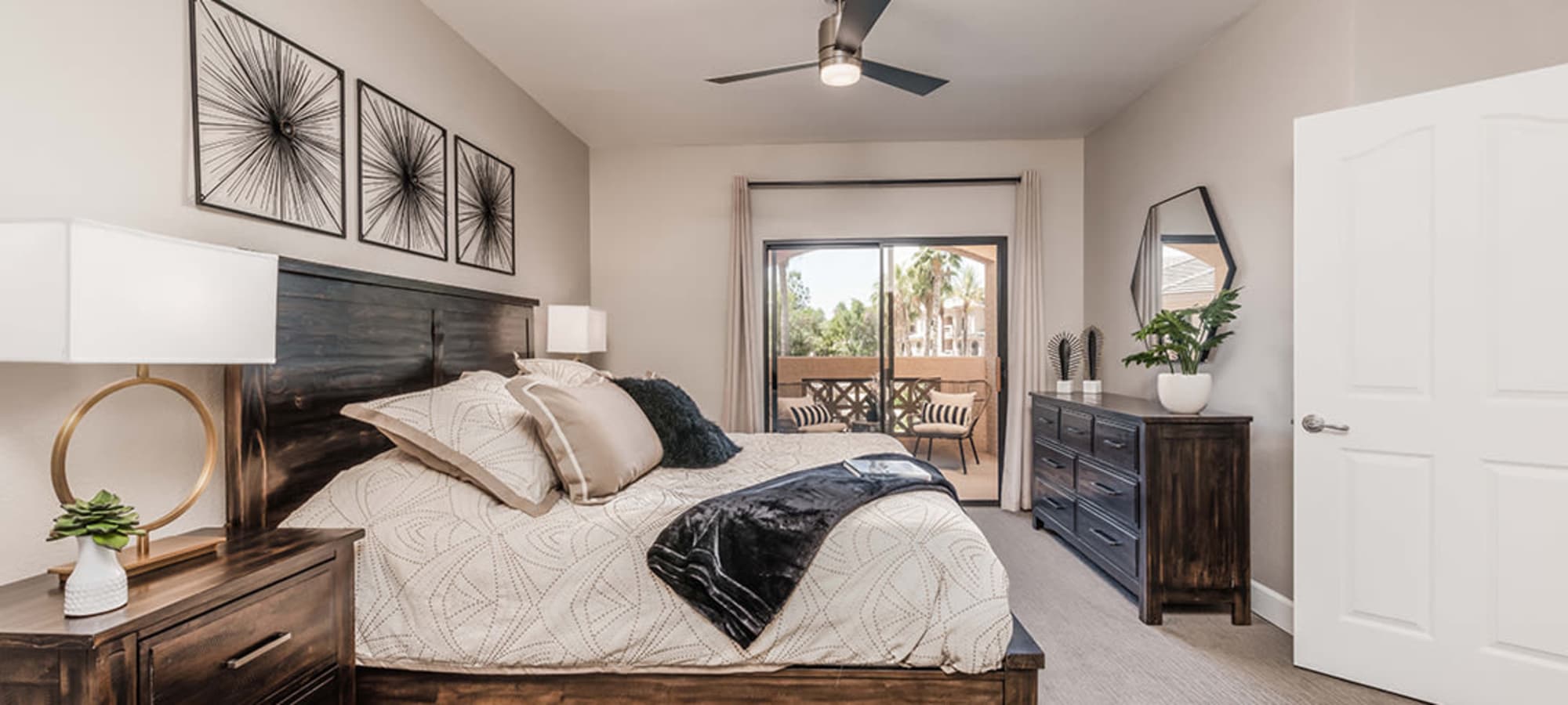 Ceiling fan in the bedroom to keep you cool on a hot day at Ascend at Kierland in Scottsdale, Arizona