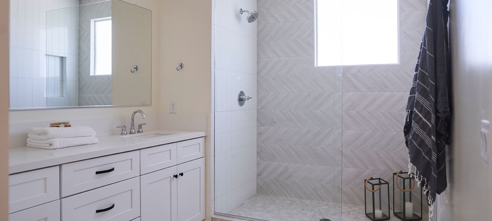 Modern bathroom with walk in shower at Novella at Biltmore in Phoenix, Arizona