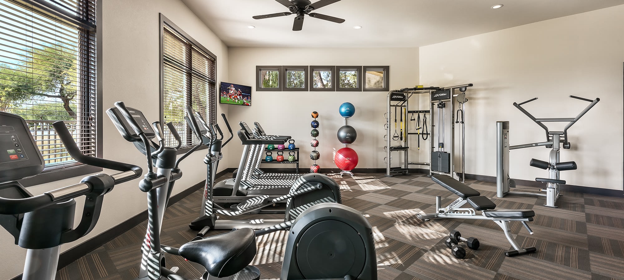Modern and spacious fitness center at The Reserve at Gilbert Towne Centre in Gilbert, Arizona