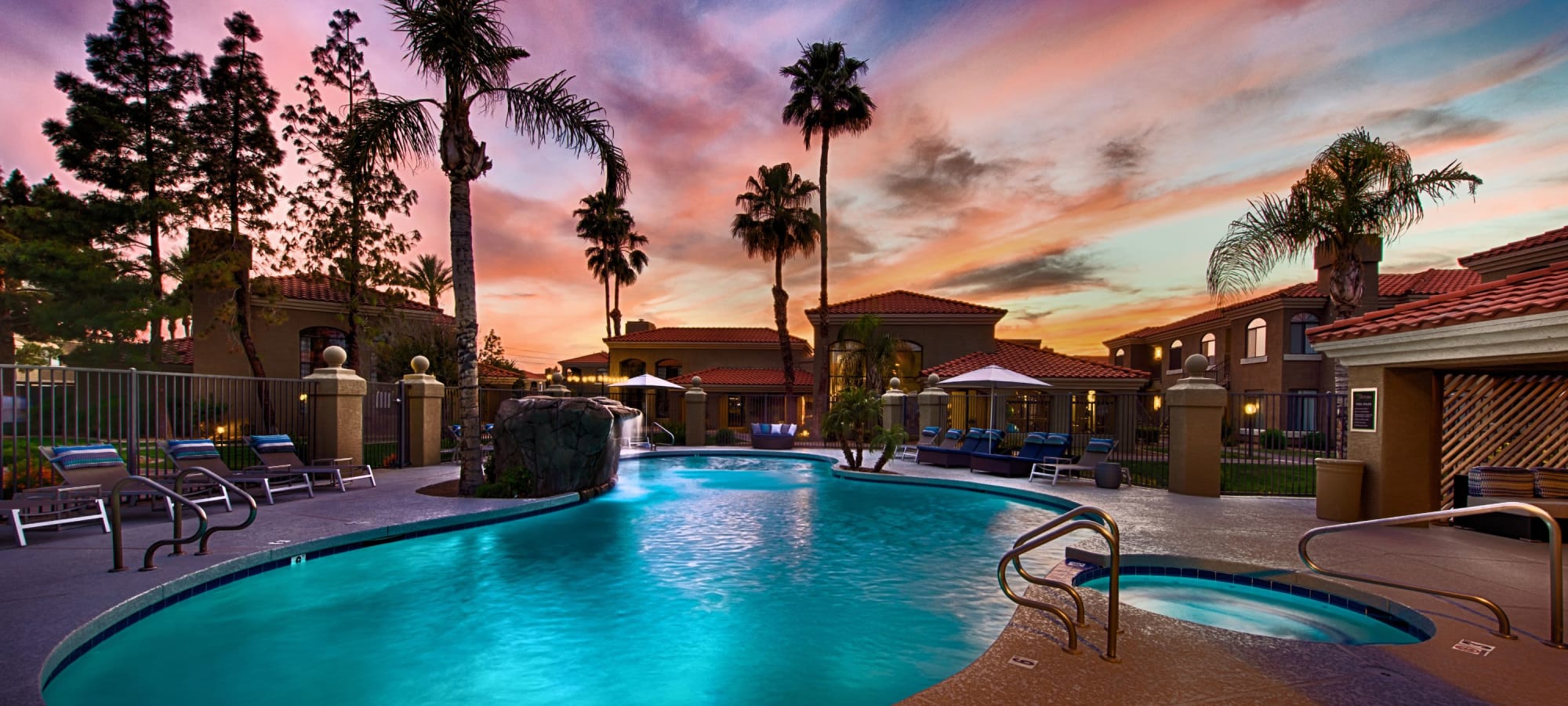 Beautiful pool at sunset at The Ventura in Chandler, Arizona