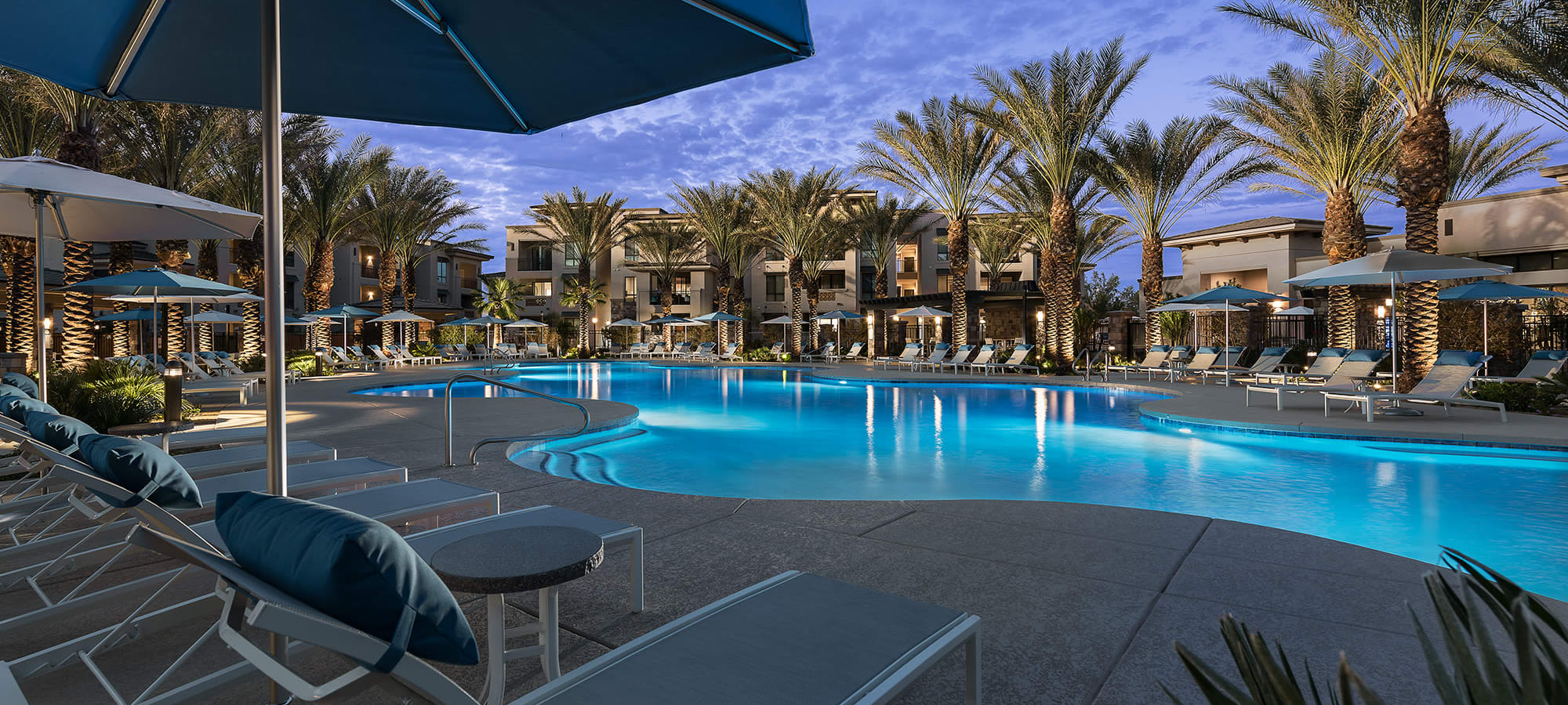 Resort style pool in the evening at San Bellara in Scottsdale, Arizona