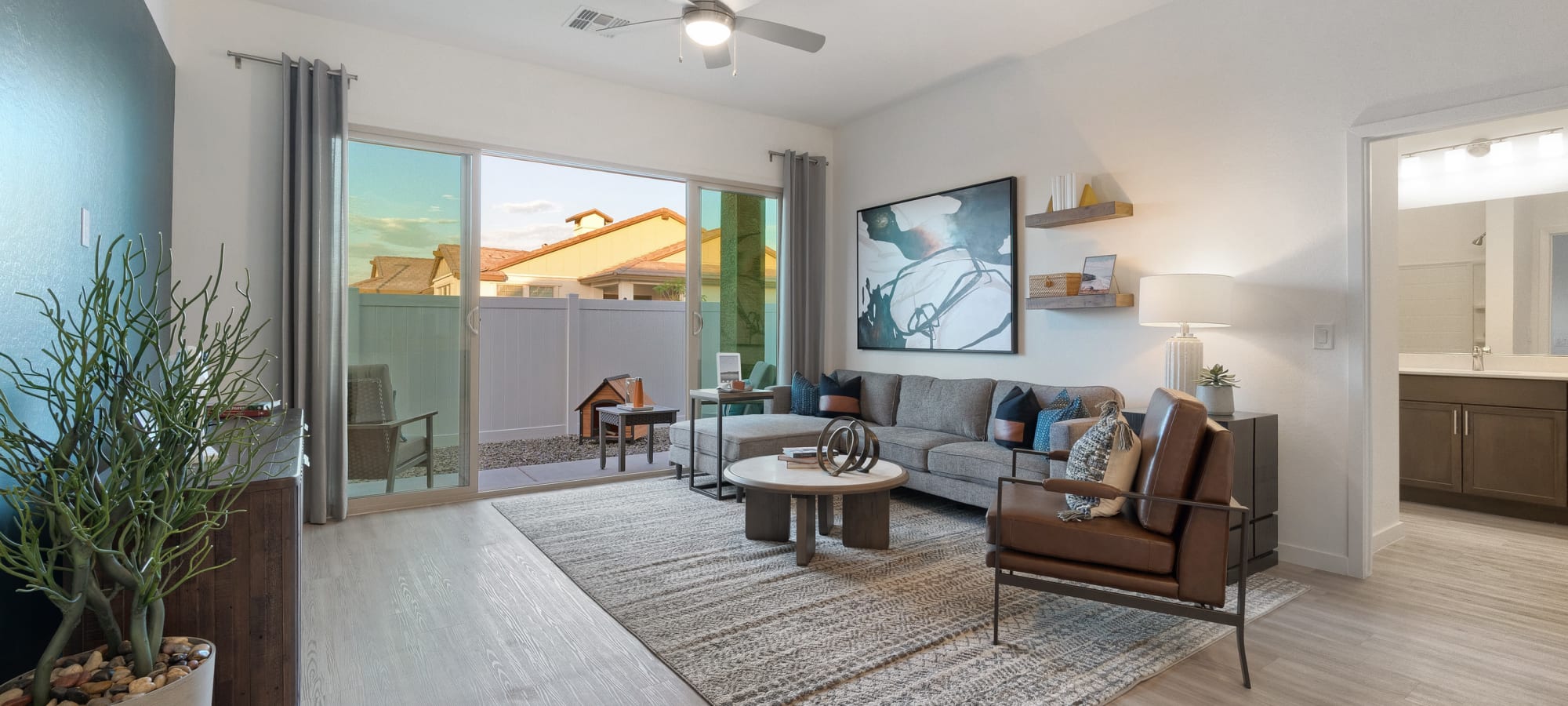 Living room and patio at Estia Windrose in Litchfield Park, Arizona