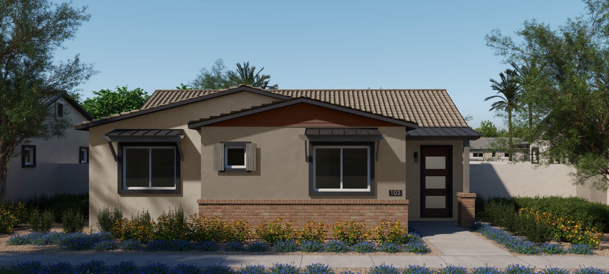 Modern exterior of a home at FirstStreet Ballpark Village in Goodyear, Arizona