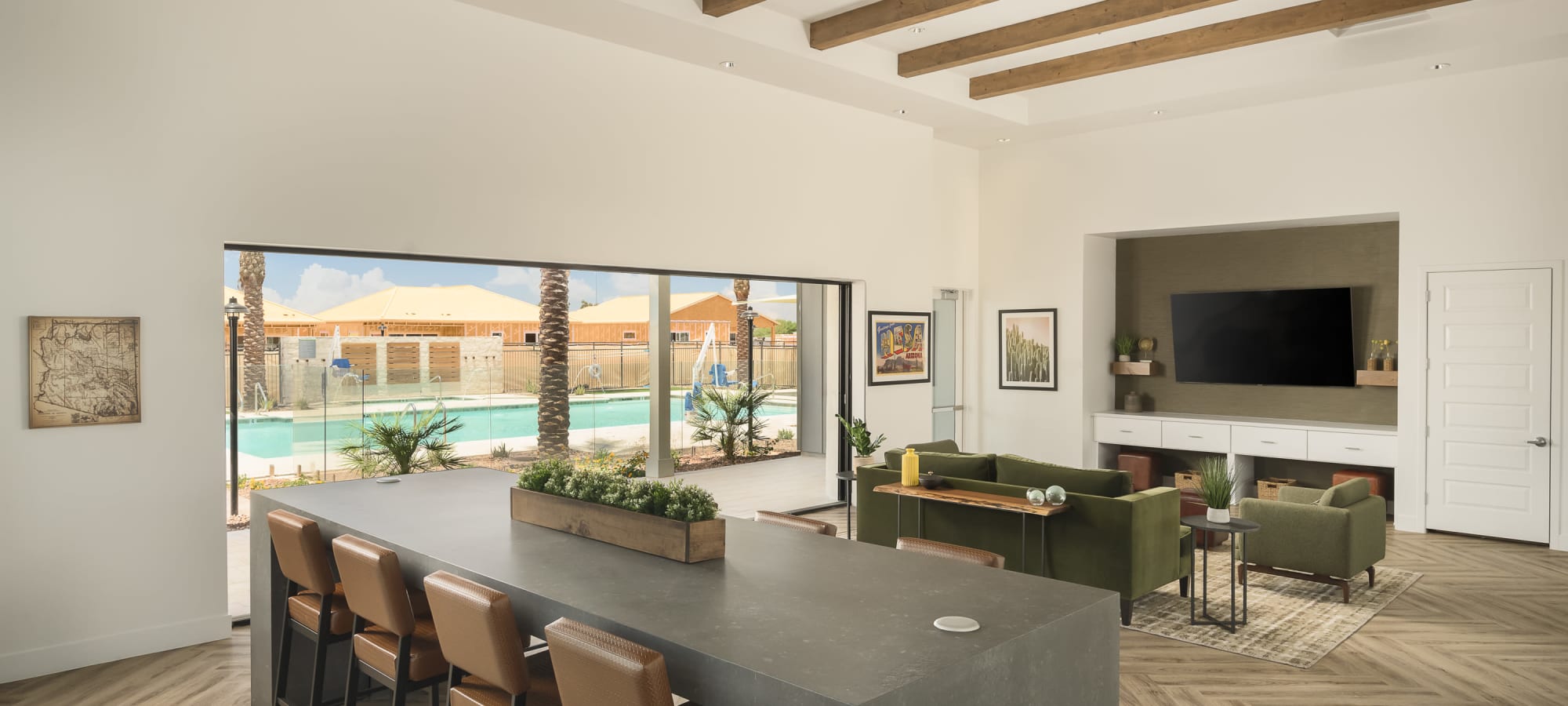 Resident clubhouse overlooking pool at Sobremesa Villas in Surprise, Arizona