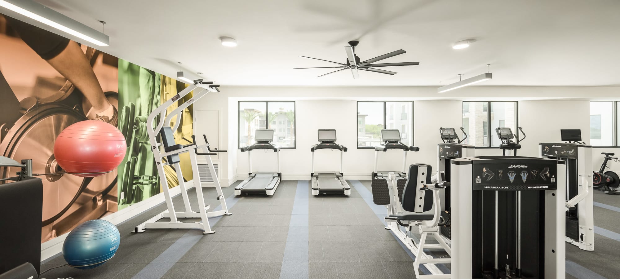 Fully equipped fitness center at Soltra at San Tan Village in Gilbert, Arizona