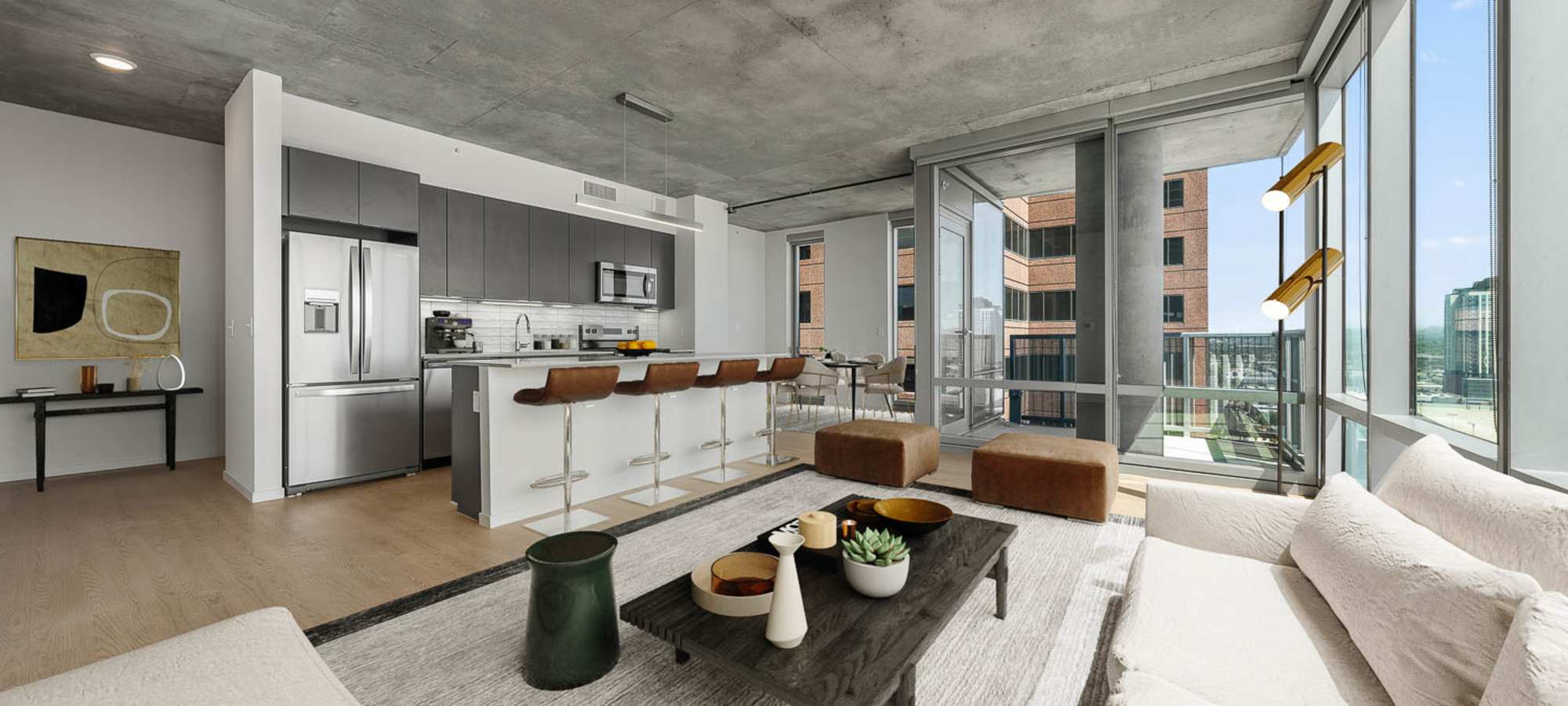 Living room into kitchen at PALMtower in Phoenix, Arizona