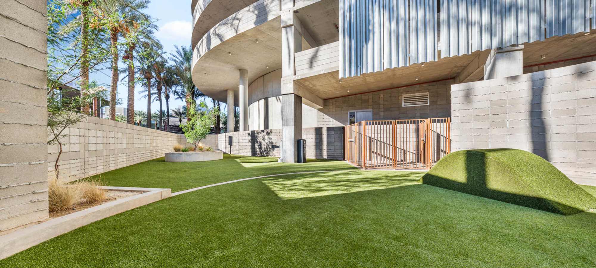 Enclosed dog park with training hill at PALMtower in Phoenix, Arizona