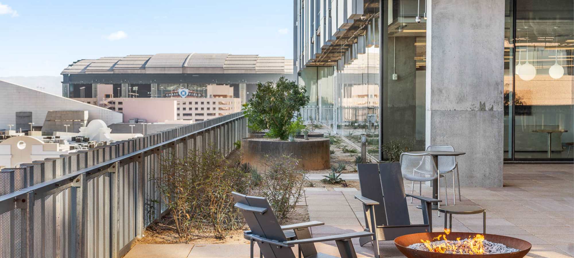 Firepit with view of Chase Field at PALMtower in Phoenix, Arizona