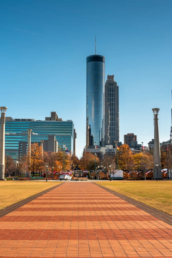 Gorgeous view of the city skyline from a park near Mark at West Midtown in Atlanta, Georgia