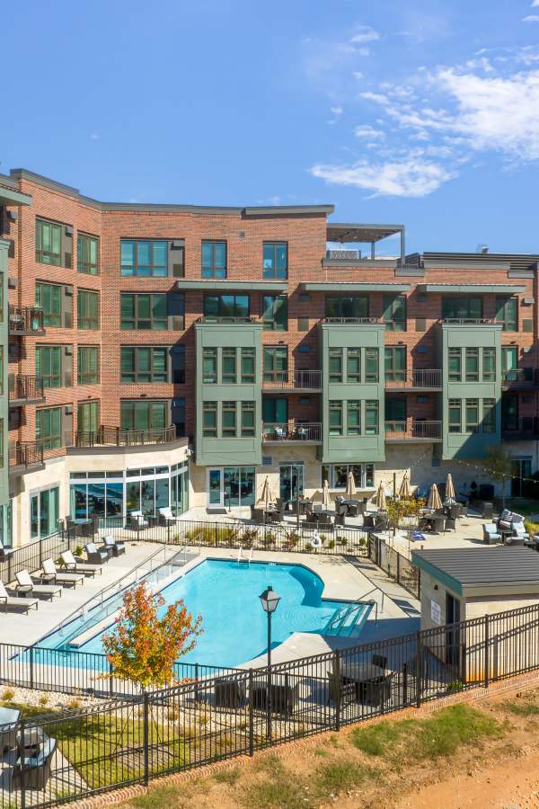 Aerial view of our swimming pool at Merrill Gardens at Greenville in Greenville, South Carolina