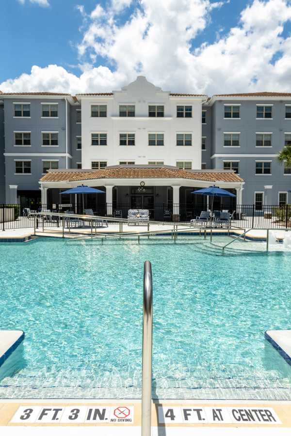 Resident pool at Merrill Gardens at Solivita Marketplace in Kissimmee, Florida. 