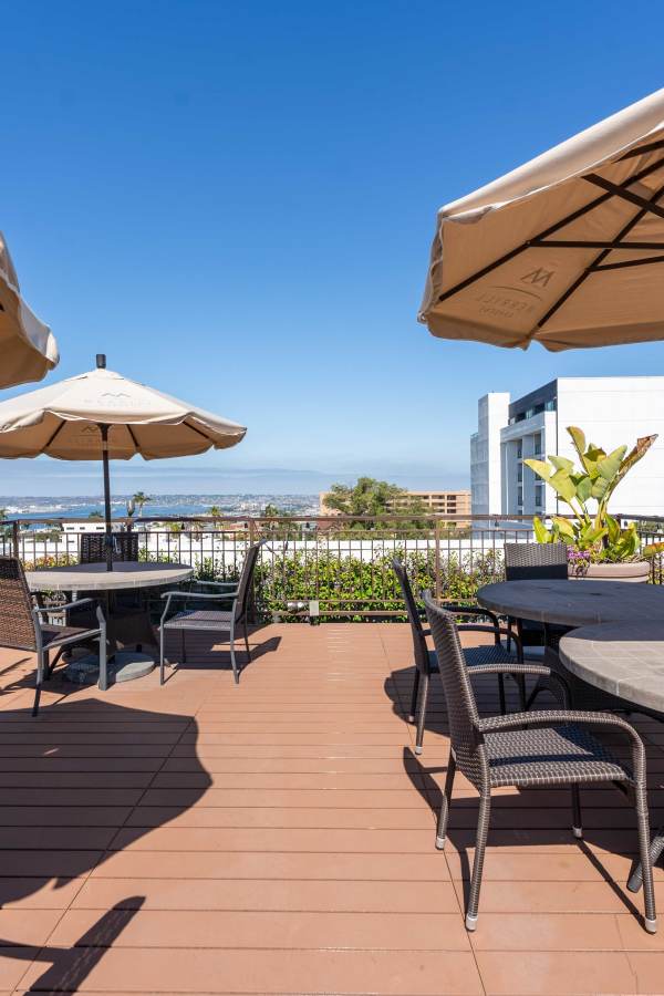 Rooftop seating area at Merrill Gardens at Bankers Hill in San Diego, California