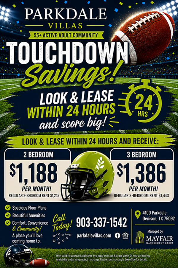 Touchdown savings at Parkdale Villas in Denison, Texas