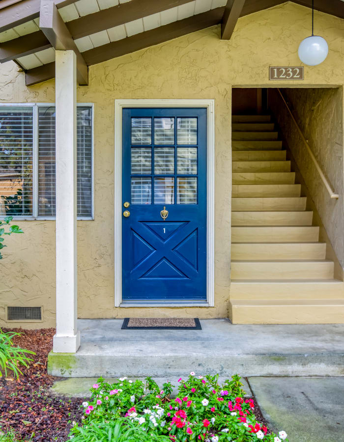 blue front door at Birchwood in Sunnyvale, California