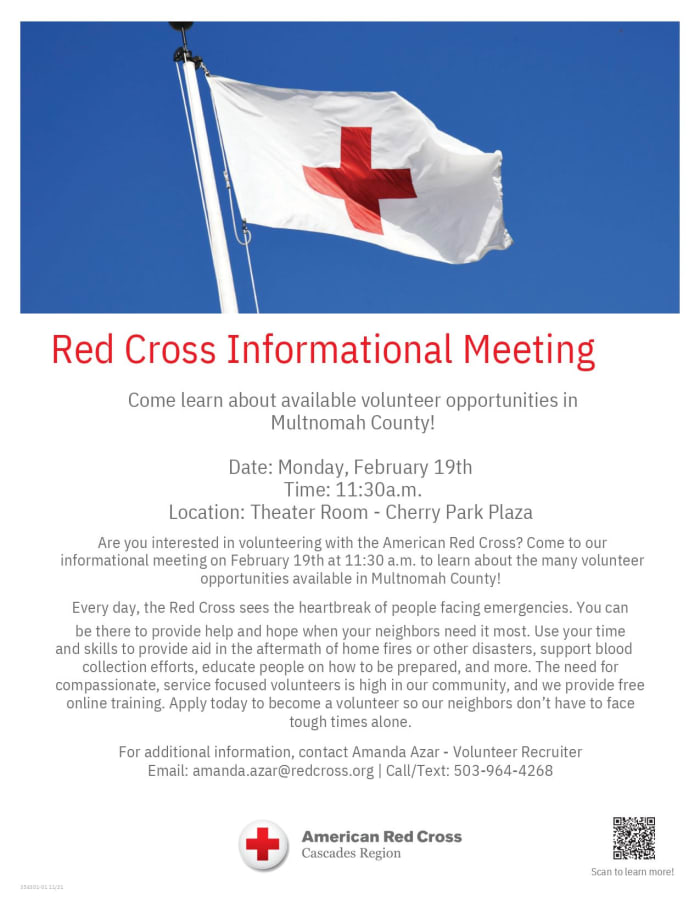 Red Cross Informational Meeting flyer at Cherry Park Plaza in Troutdale, Oregon