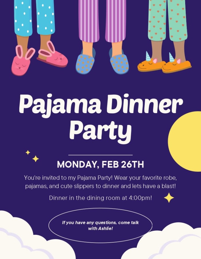 Pajama Dinner Party flyer at Cherry Park Plaza in Troutdale, Oregon