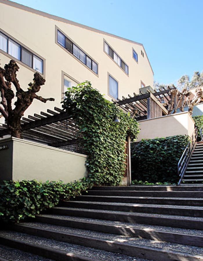 building and stairs view Woodmont Apartments in Belmont, California