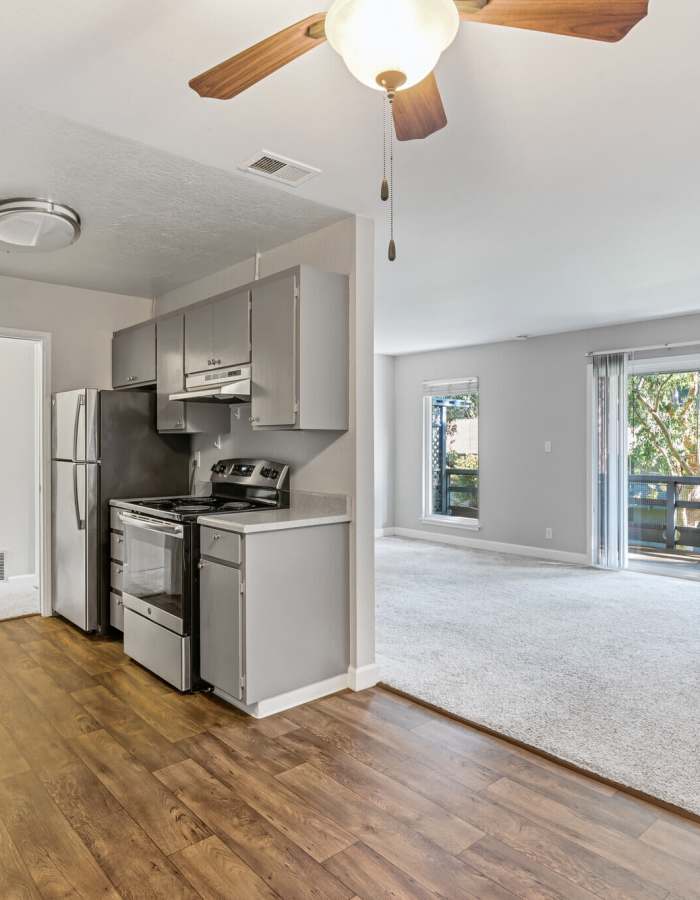 Kitchen appliances and ceiling fan at Hillside Garden in San Mateo in San Mateo, California