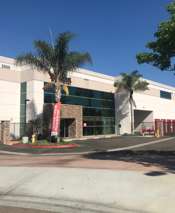 The exterior of the main entrance at StorQuest Self Storage in Carlsbad, California