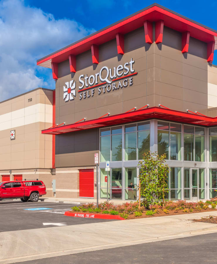 Exterior of the main entrance at StorQuest Self Storage in Hillsboro, Oregon