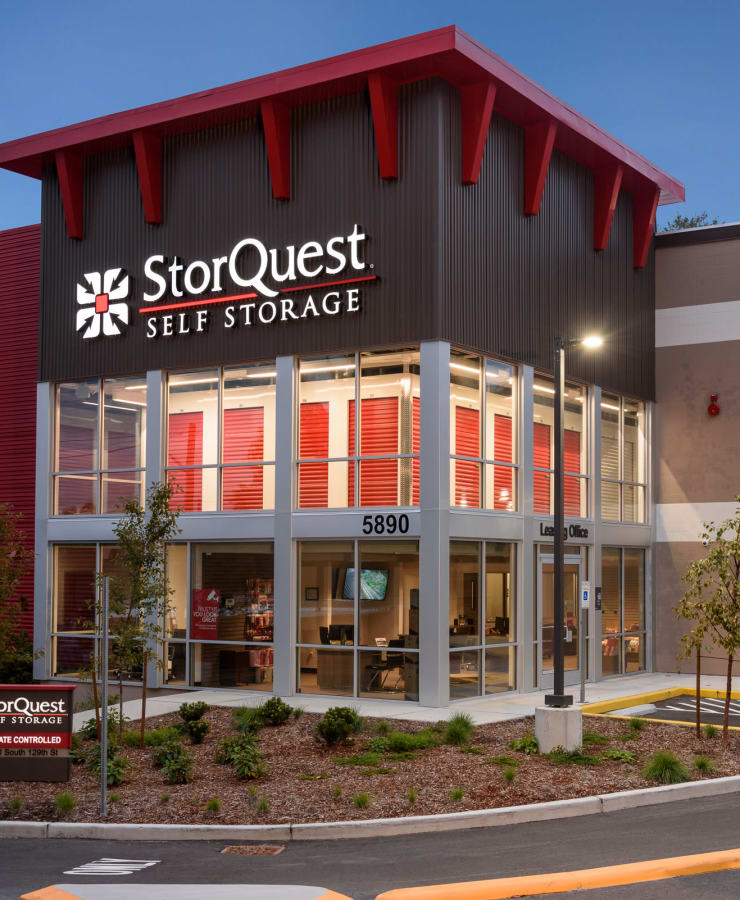 Exterior of the entrance at dusk at StorQuest Self Storage in Seattle, Washington