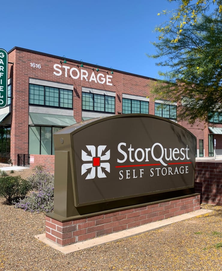 Branding and signage in front of StorQuest Self Storage in Phoenix, Arizona