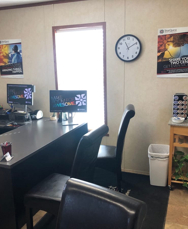 Front office desk at StorQuest Self Storage in Williston, North Dakota