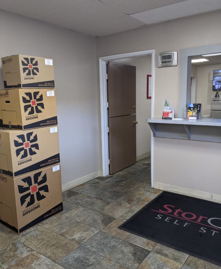 Boxes in the lobby at StorQuest Self Storage in Westlake Village, California