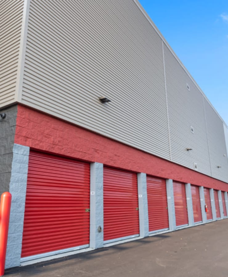 red doors on outdoor units at StorQuest Self Storage in Ronkonkoma, New York