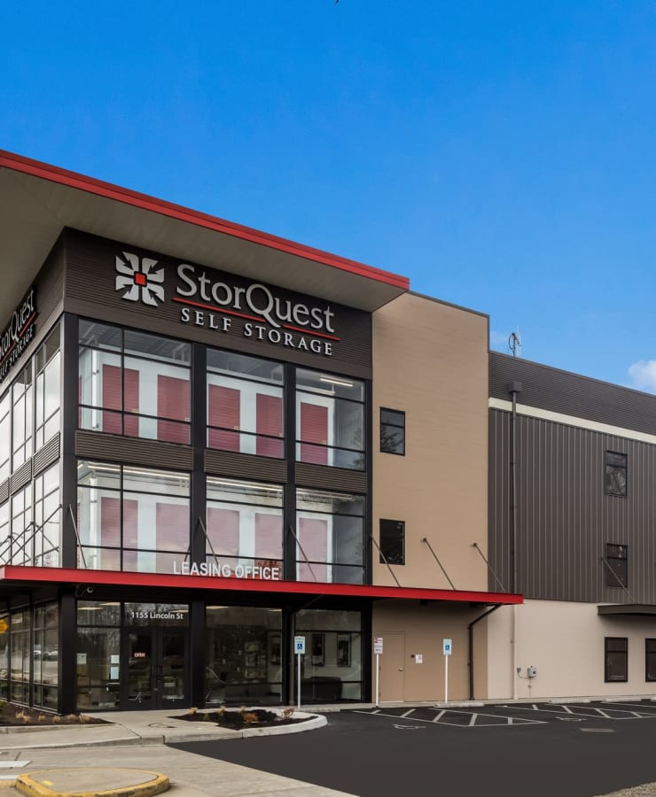 The exterior of the main entrance at StorQuest Self Storage in Bellingham, Washington